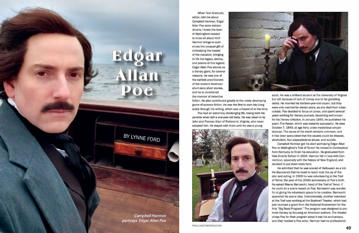 A magazine article on two pages with photos of Campbell Harmon as Poe.