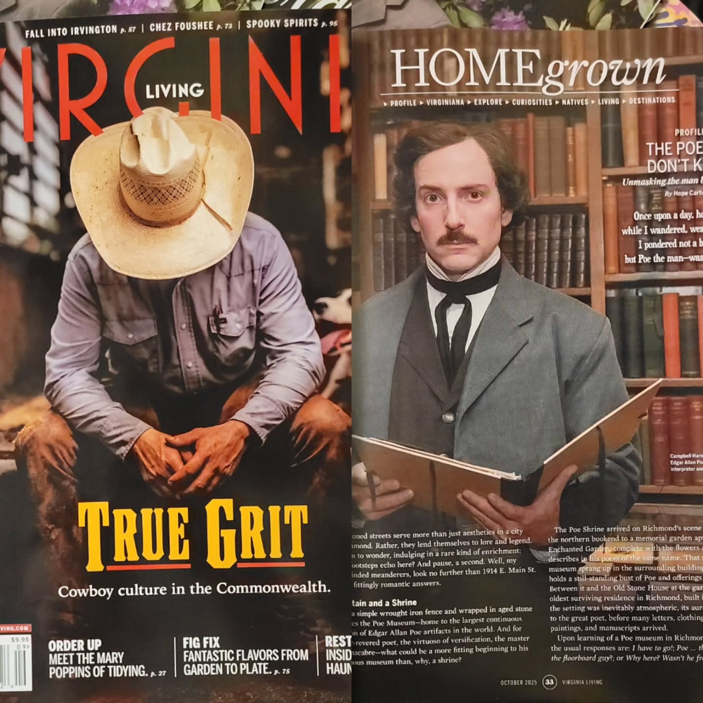 A magazine article on two pages with photos of Campbell Harmon as Poe.